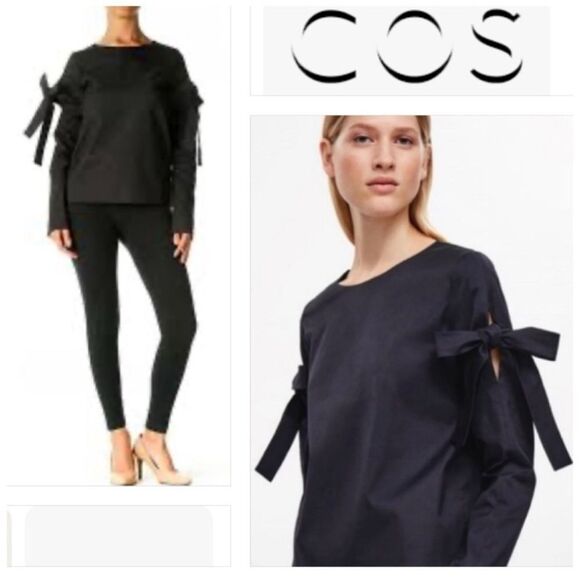 COS Ribbon Sleeves Cotton Blend Black Blouse Shirt Size 12 - Picture 1 of 6